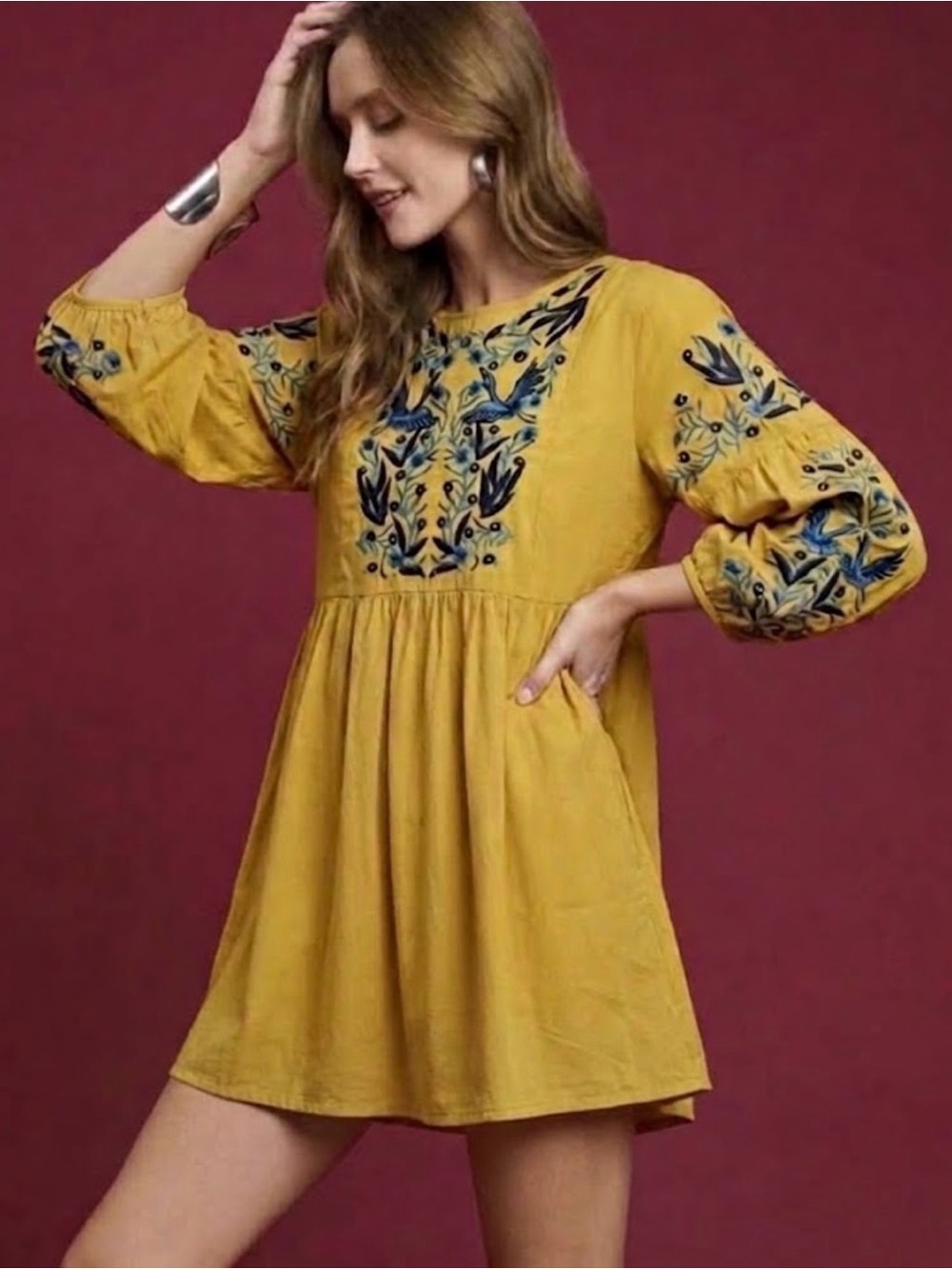 Stevie Hender Mini Dress Tunic Babydoll Embroidered Burd Floral Mustard Yellow S